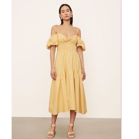 Vince Draped Midi Yellow Dress Cold-Shoulder Tiered Size 0 - Picture 3 of 16